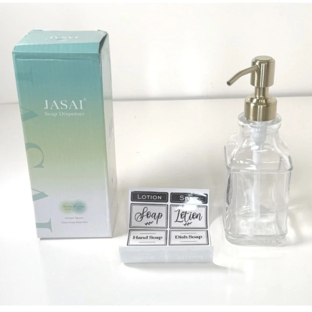 JASAI Antique Square Glass Soap Dispenser 12oz Clear Gold Pump Labels NEW‎ 81-12